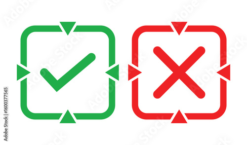 Simple illustration of a green check mark and red cross inside outlined squares on white background. Bold lines, solid colors, and minimal design for clear marking or indication concepts.