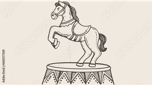 Illustration of a horse standing on its hind legs on a decorated circus platform with a saddle on its back silhouette