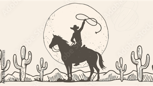 Silhouette of a cowboy on horseback with lasso in desert landscape under a full moon illustration