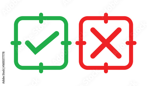 Simple illustration of a green check mark and red cross inside outlined squares on white background. Bold lines, solid colors, and minimal design for clear marking or indication concepts.