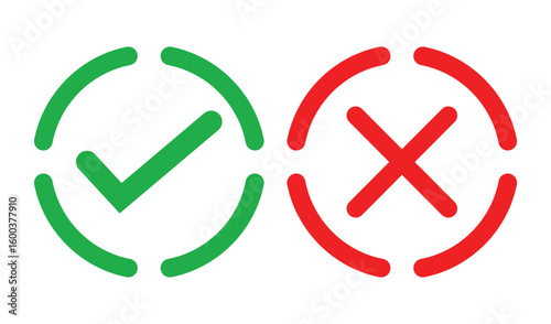 Simple illustration of a green check mark and red cross inside outlined squares on white background. Bold lines, solid colors, and minimal design for clear marking or indication concepts.