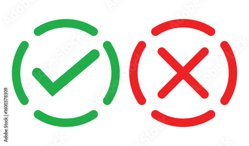 Simple illustration of a green check mark and red cross inside outlined squares on white background. Bold lines, solid colors, and minimal design for clear marking or indication concepts.