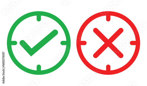 Simple illustration of a green check mark and red cross inside outlined squares on white background. Bold lines, solid colors, and minimal design for clear marking or indication concepts.