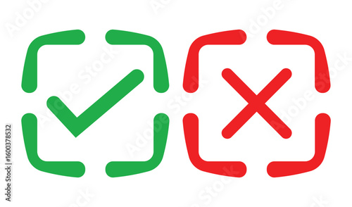 Simple illustration of a green check mark and red cross inside outlined squares on white background. Bold lines, solid colors, and minimal design for clear marking or indication concepts.
