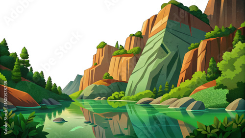 Rocky River Cliffs with dense greenery and calm reflections green landscape, Highly detailed vector illustration
