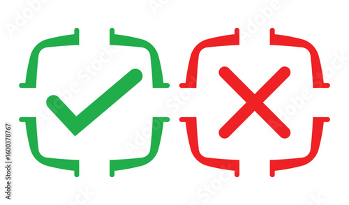 Simple illustration of a green check mark and red cross inside outlined squares on white background. Bold lines, solid colors, and minimal design for clear marking or indication concepts.