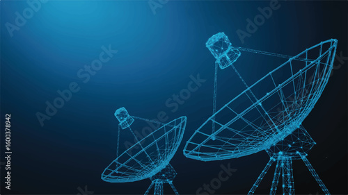 Global Communication Hub: A network of satellite dishes against a vibrant blue backdrop, symbolizing connectivity and the flow of information across the world.