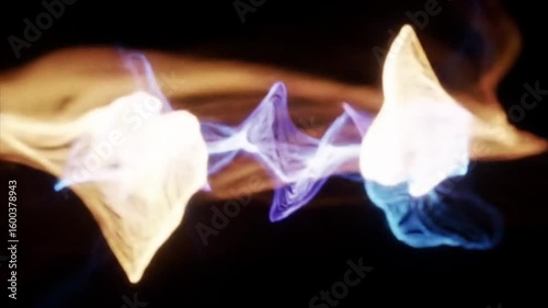 Luminous orange and blue energy fields interact through a central purple wave of light.
