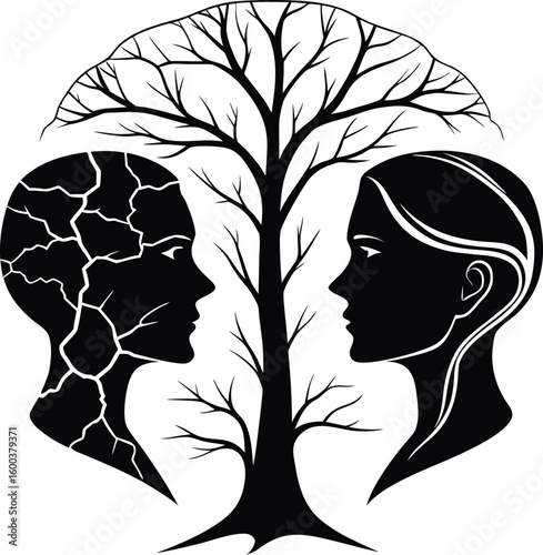 "Dual Human Profiles Facing Each Other with Symmetrical Tree Between Cracked and Smooth Textures – Symbol of Growth, Healing, and Emotional Duality in Monochrome Vector Illustration"