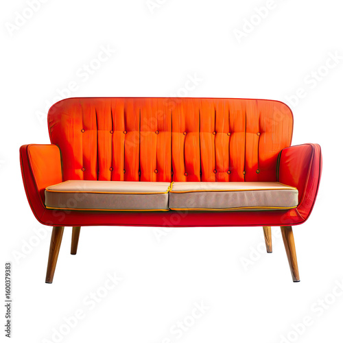Red couch with light beige cushions