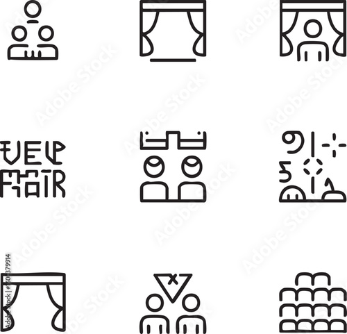 Theater stage show vector icon set outline icons,editable stroke performance,backstage,actors,play,audience,curtain,drama,scene,cinema,production,presentation,screen,spotlight,showtime