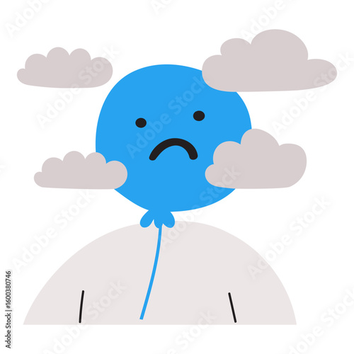 Man with unhappy blue balloon instead of face. Flat vector illustration in white background.