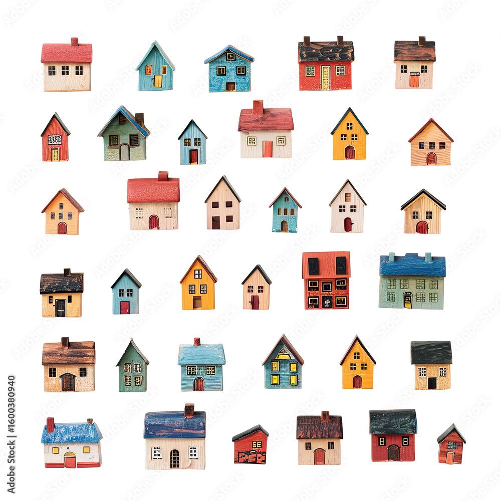 Fototapeta premium Miniature houses in various colors and styles, arranged in a grid pattern on a black background