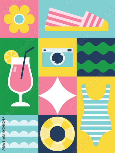 Geometric summer and travel poster template in flat minimalist style. Background for print, card, poster, flyer and social media