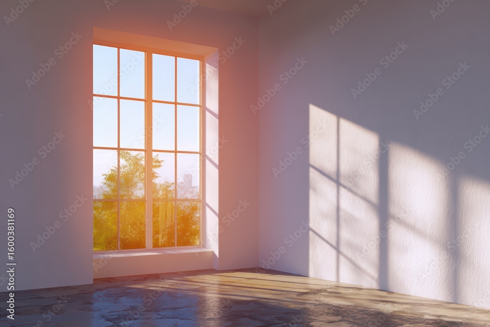 Obraz premium Minimalist interior room with grid window, colorful light shadows, bright sunlight, modern empty space & geometric glass design.