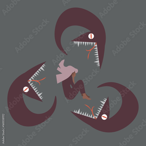 Self-flagellation, paranoia anxiety fear mental health concept. Black Woman sitting surrounded by monsters, eye, symbolizing panic, phobia, depression, stress, psychological disorder, flat design stoc