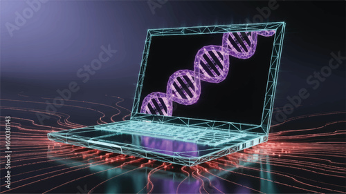 Digital DNA Display: A digital illustration showcases the complexity of scientific innovation, portraying a DNA helix prominently displayed on a laptop screen.