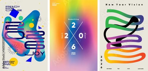 Vivid and futuristic 2026 posters with energetic gradients, abstract shapes, and bold compositions, featuring slogans like “Ready for Change” and “Something Great.”