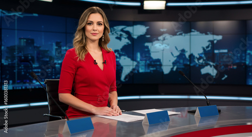 Confident Female News Anchor Reporting Live from a Modern Television Broadcast Studio