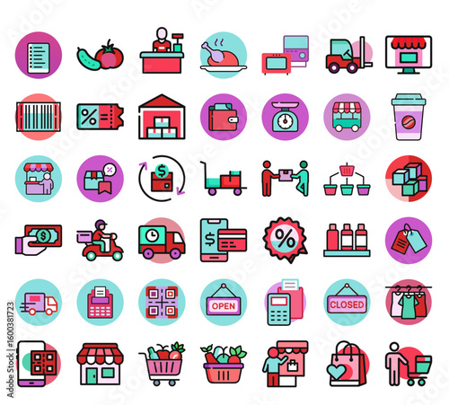 llustration of a store with three connected shopping baskets below, concept image
