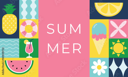 Geometric summer and travel banner template in flat minimalist style. Background for print, card, poster, flyer and landing page
