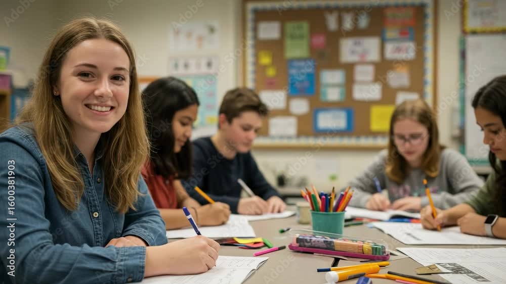 Portrait of a happy young female student smiling at the camera. Diverse group of teenagers studying together in a high school classroom. Portrait of a happy young female student smiling at the camera. Diverse group of teenagers studying together in a high school classroom.