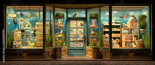 Enchanting Avian Emporium: Nighttime Window Display of a Whimsical Pet Shop