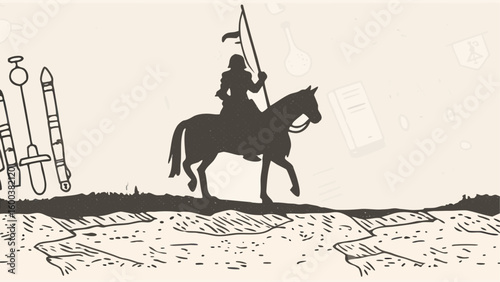 Silhouette of a knight on horseback holding a flag with rockets in the background on a light canvas