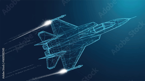 Jet Fighter in Digital Flight: A stunning digital rendering of a jet fighter streaks across a vivid blue backdrop. Its sleek form is a testament to modern aviation prowess, captured in a cutting-edge.