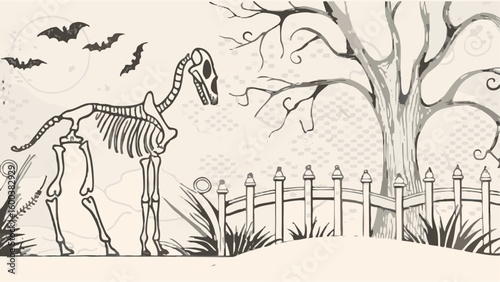 Illustration of a horse skeleton with bats flying in the background near a tree and a fence line silhouette