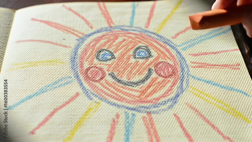 A smiling sun child-like drawing in red, blue, yellow crayon on textured tan paper