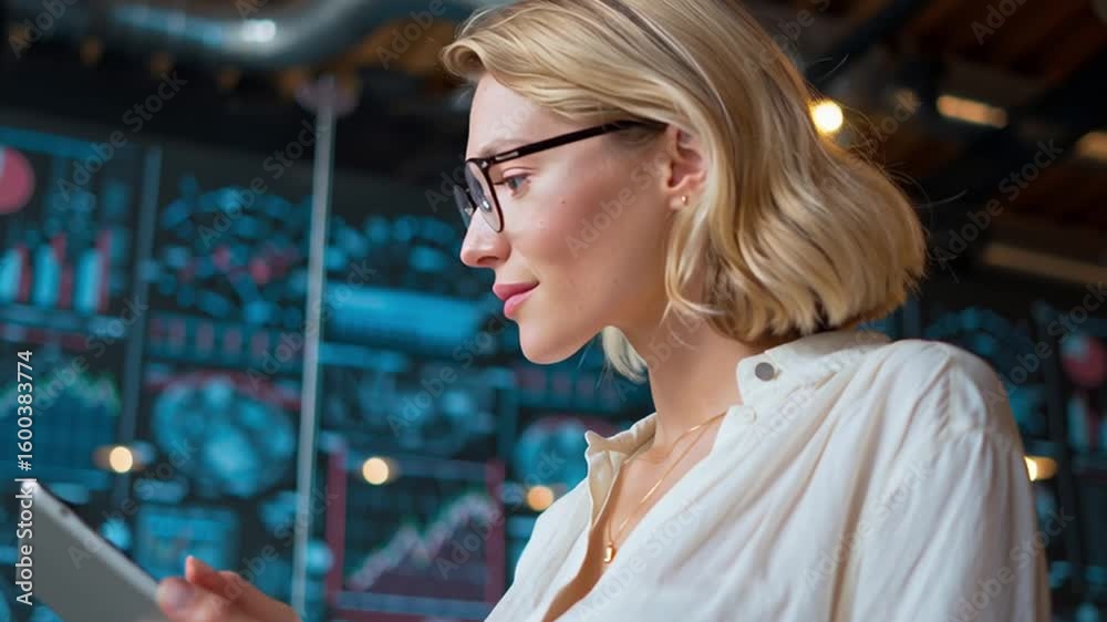 Smart Professional Woman Analyzing Data: A sophisticated woman, with intelligent glasses and focused concentration, engages with a digital tablet in a modern, data-rich environment. Smart Professional Woman Analyzing Data: A sophisticated woman, with intelligent glasses and focused concentration, engages with a digital tablet in a modern, data-rich environment.