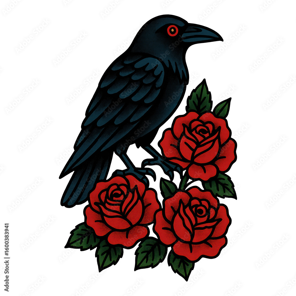 Fototapeta premium PNG Raven perched on red roses.