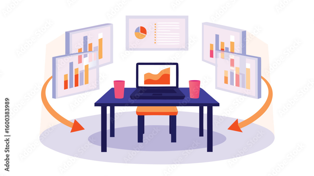 Fototapeta premium Isometric view of a desk with laptop, charts, graphs, and two cups in a modern office space