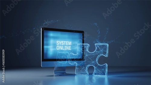 Online System Connection: A digital display showcasing an online system, augmented by a holographic jigsaw puzzle piece.