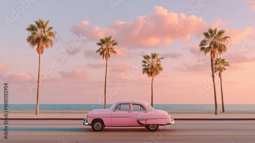 Vintage pink car driving along a coastal road lined with palm trees at sunset, with a pastel sky and ocean in the background, creating a retro summer travel vibe.