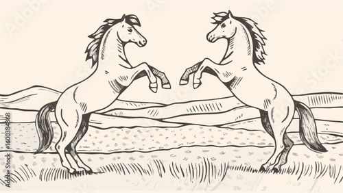 Two horses rearing up facing each other in a field with hills in the background, sketched style silhouette