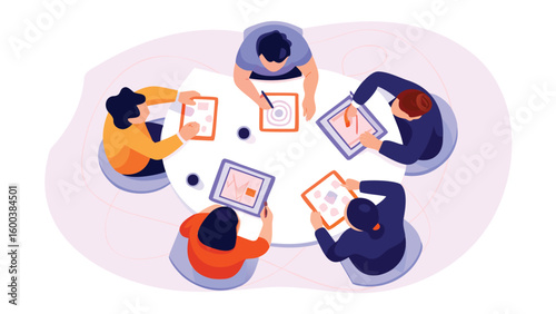 Overhead view of a group of people collaborating around a white round table with tablets and pens