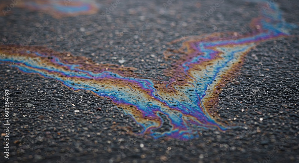 Fototapeta premium Iridescent Oil Slick on Dark Asphalt Surface creating abstract vibrant designs