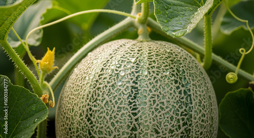 Fresh cantaloupe melon with water droplets growing on a green vine