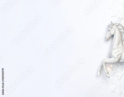Sparkling silver horse figurine rears majestically on a pure white background adorned with delicate white snowflakes, creating a serene winter scene.