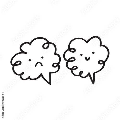 Outline design. Happy and unhappy faces. Speech bubbles. Mental health concept. Vector design. Illustration on white background.