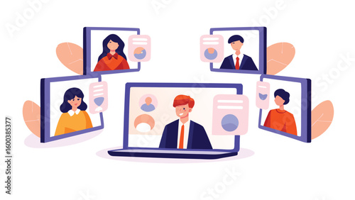 Illustration of a video conference call with people on screens and documents shown around 100 character