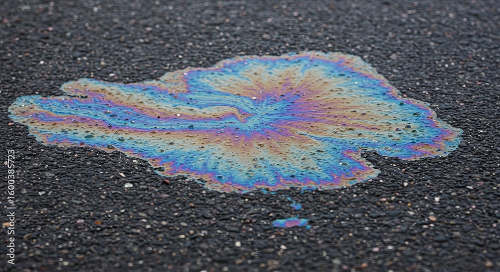 Fototapeta premium Abstract Iridescent Oil Slick Creating Rainbow Effect on Dark Asphalt Surface