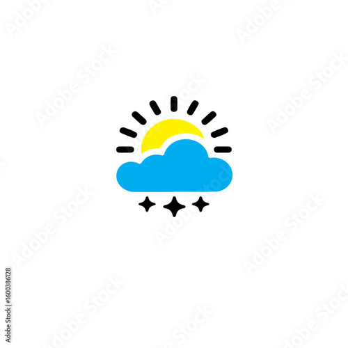 A graphic illustration of a sun partially obscured by a cloud with rain drops