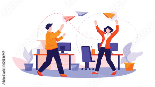 Two colleagues joyfully throwing paper airplanes in a modern office environment illustration