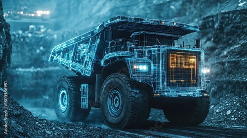 Autonomous mining vehicle displayed with route overlay, obstacle detection, and GPS mapping system for smart terrain navigation