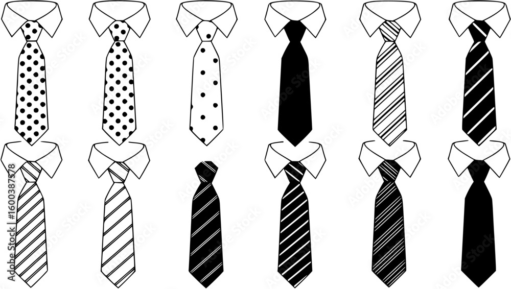 Sixteen drawings of a business tie on a white mens shirt
