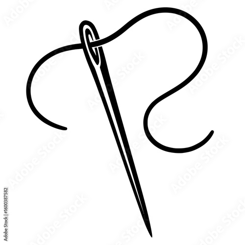 Simple Black and White Outline Needle with Thread Icon - Sewing and Craft Symbol