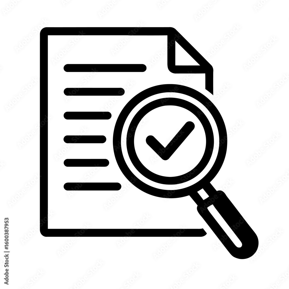 Black and White Document Review with Checkmark and Magnifying Glass Icon Black and White Document Review with Checkmark and Magnifying Glass Icon